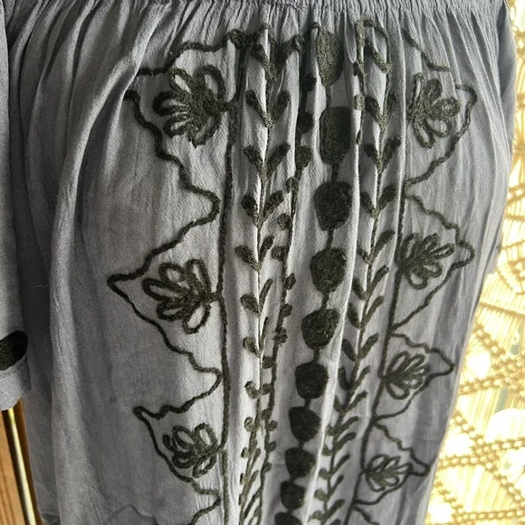 Dark Blue and Black Off the Shoulder Embroidered Tunic Mini Dress - Picture 2 of 8